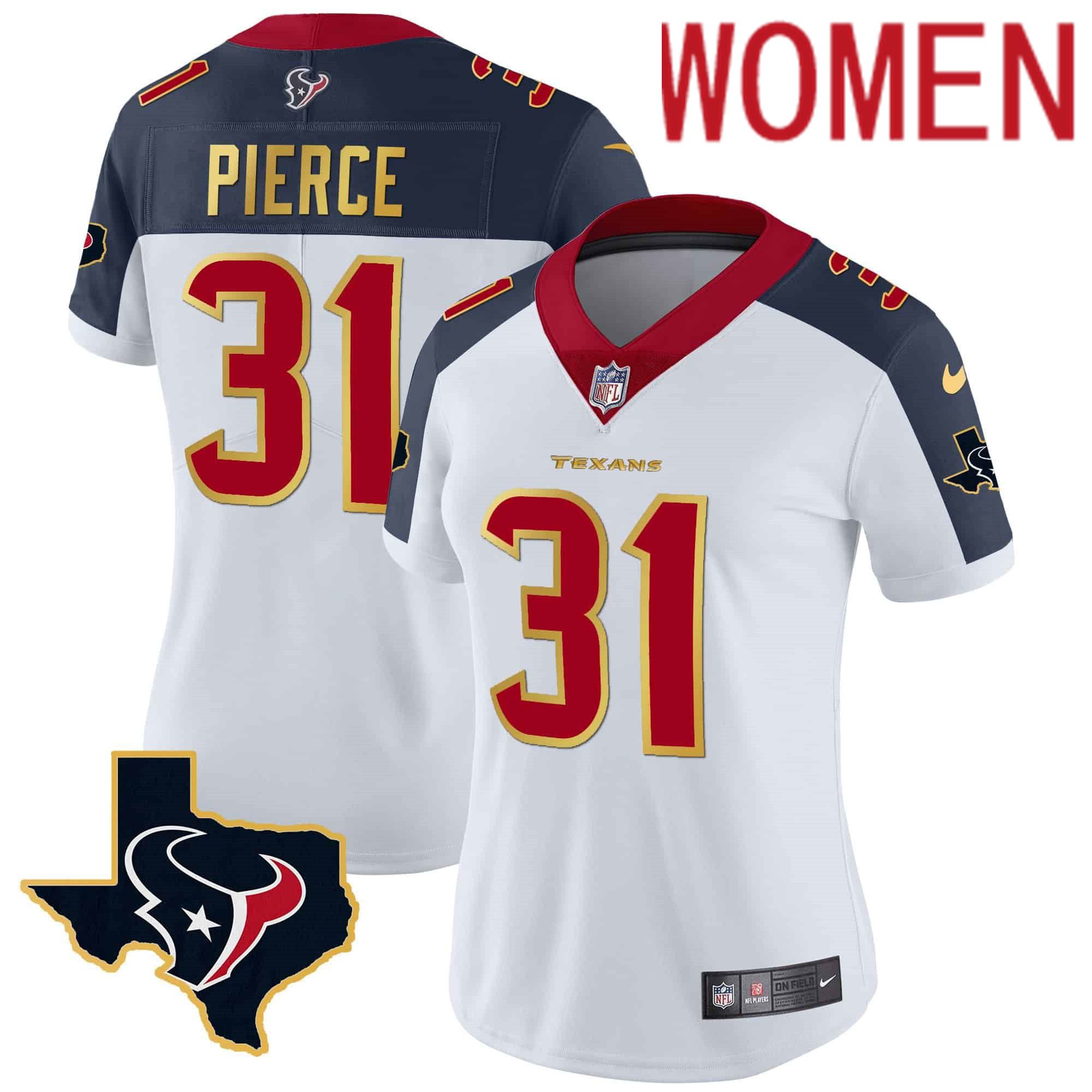Women Houston Texans #31 Pierce White Gold 2024 Nike Trim Vapor NFL Jersey style 2->women nfl jersey->Women Jersey